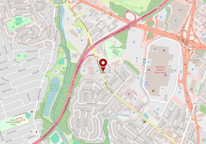 Street map with a red pin marking our office on West Passaic Street, just southeast of Garden State Parkway Exit 160