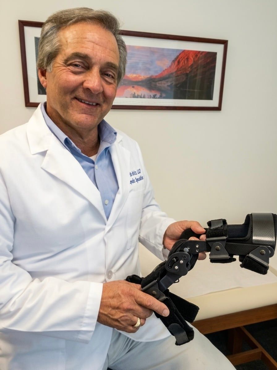Robert Brintz, certified orthotist, smiling and holding a hinged knee brace