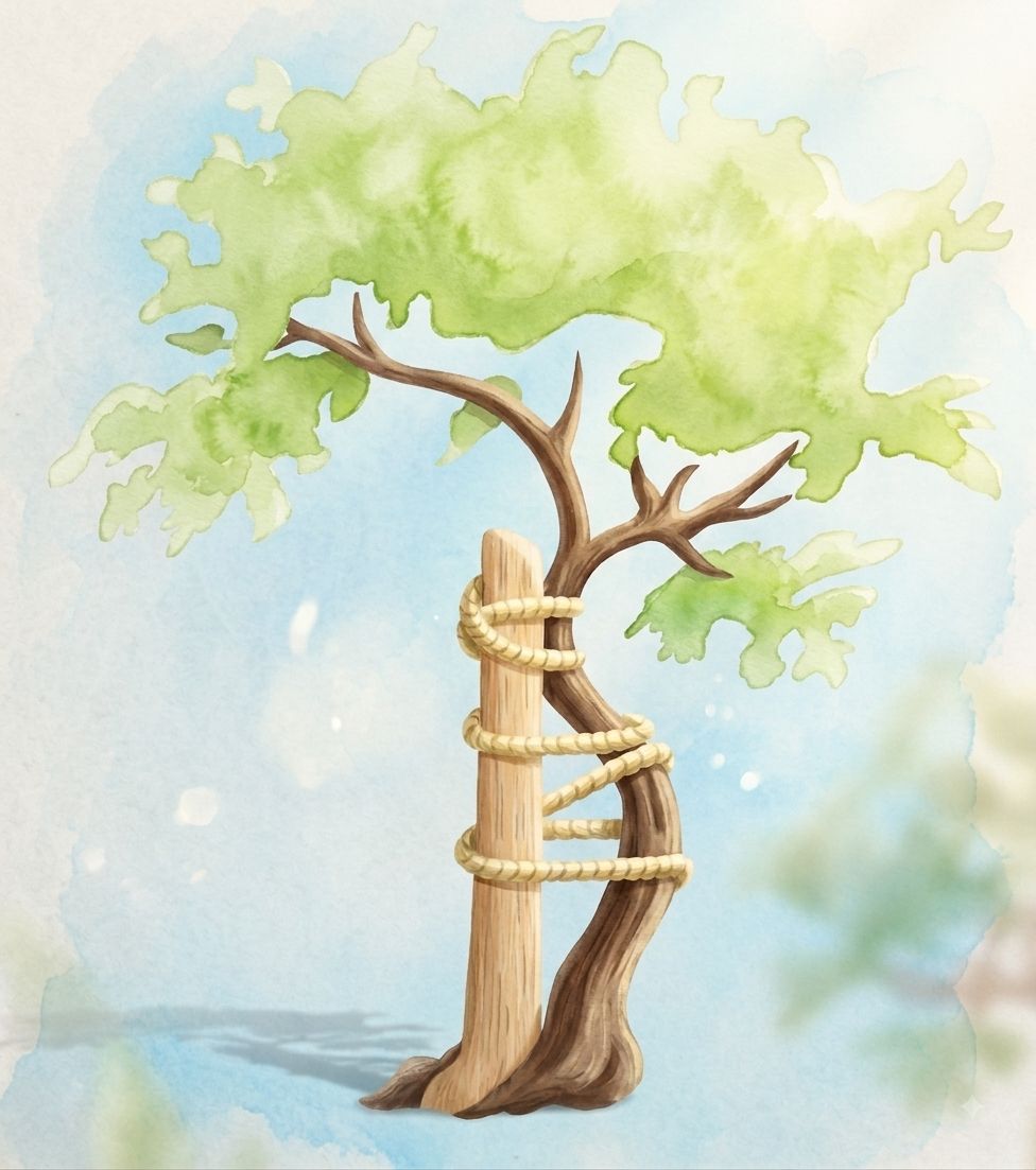 Watercolor of a young crooked tree lashed to a straight wooden stake