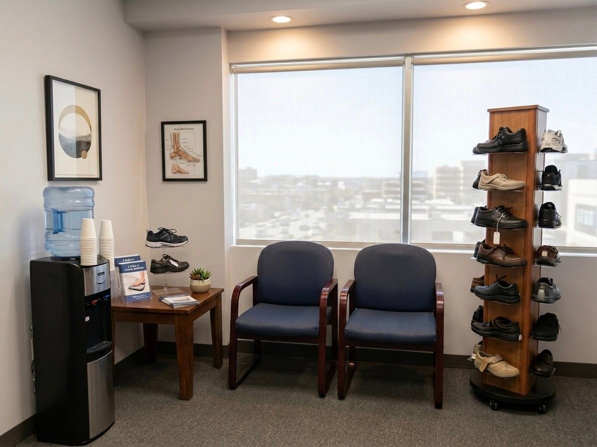 Waiting room with two blue armchairs, a display rack of orthopedic shoes, and a water cooler